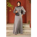 N.S NEVA STYLE Boncuk Detaylı Gri Tesettür Abiye Elbise 23301GR