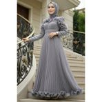 N.S NEVA STYLE Fırfır Detaylı Gri Tesettür Abiye Elbise 55691GR