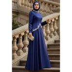 N.S NEVA STYLE Saten Koyu İndigo Mavisi Tesettür Abiye Elbise 5459KIM