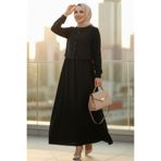 N.S NEVA STYLE Süveter Detaylı Siyah Tesettür Elbise 7705S