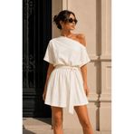 NA ADDESIGN Tek Omuz Detaylı Kuşaklı Mini Elbise Siyah & Beyaz Rahat Kalıp Tasarım Elbise (POLYESTER)