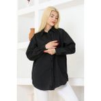 Nacar Çarşı Kadın Düz Renk Keten Rahat Kesim Oversize Uzun Basic Gömlek - 0-Siyah - 40