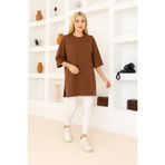 nacar çarşı Kadın Kahverengi Oversize Tunik Tişört – Yarım Kollu, Yuvarlak Yaka, Rahat Kesim