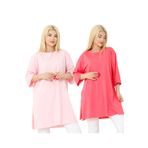nacar çarşı Kadın Oversize Yandan Yırtmaçlı Rahat Kalıp Truvakar Kol Pembe Fuşya 2'li Tişört