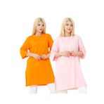nacar çarşı Kadın Oversize Yandan Yırtmaçlı Rahat Kalıp Truvakar Kol Turuncu Pembe 2'li Tişört