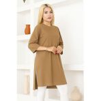 nacar çarşı Kadın Sütlü Kahve Oversize Tunik Tişört – Yarım Kollu, Yuvarlak Yaka, Rahat Kesim