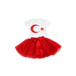 NACAR STORE Kız Çocuk 23nisan 29ekim Gösteri Doğumgünü Kıyafeti Ayyıldız Kısa Kol Beyaz T-shırt Tütü Etek Takım