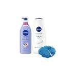 Nacario Creme Duş Jeli 500ML Kiraz Çiçeği Nemlendirici Vücut Bakım Losyonu 400ML, Banyo Lifi Hediye