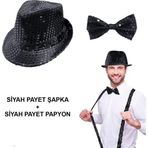 Nacario Siyah Payetli Şapka Ve Papyon Seti – Parıltılı Yetişkin Kostüm Seti