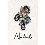 Nahel: Cahier personnalisé avec prénom Nahel | Cadeau d'anniversaire pour enfant, garçon, homme, copain ... | Chat à bicyclette | 110 pages lignée, Petit Format 6x9 pouces (15,24 x 22,86 cm)