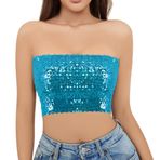 Naimo Kadın parlak payetli Crop Top omzu açık Bandeau Tube Top Sparkle askısız üst bluz parti Rave üst giyim, Mavi, Tek Beden