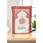 Nakış İşlemeli İsimli Kadife İpek Dokulu Mihrap Desenli Keseli İnci Tesbihli Seccade Kırmızı