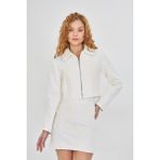 Nakışlı Fermuarlı Gabardin Ceket - Beyaz - XL