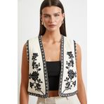 Nakışlı Oversize Yelek Krem
