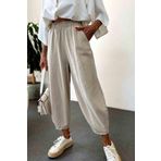 Nana & Mayka Moda Kadın Bej Şalvar Pantolon Salaş Dört Mevsim Rahat Pamuk Lastikli Bel Günlük Model Gabardin 4003