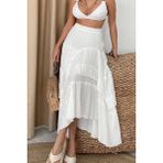 Nana & Mayka Moda Nana Mayka Moda Kadın Ekru Beyaz Gofre Fırfırlı Uzun Etek – Astarlı, Iç Göstermez, Yazlık, Volanlı