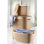 Nandy Home Dekoratif Örgü Desenli 3'lü Set Banyo Kirli Sepeti Plastik 55 LT Bej Renkli Çok Amaçlı Kullanım