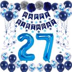 NANINUNENO Erkek Kız Erkek Kadın için 27. Mavi Doğum Günü Partisi Süslemeleri, Mutlu 27 Doğum Günü Balonu Malzemeleri, Mutlu Yıllar Afişi, 27 Numara Balon, Mavi Yıldız Flamalar, Asılı Swirls