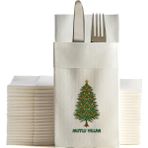 NapkinStore Kumaş Dokulu Mutlu Yıllar Yılbaşı Ağacı Baskılı Beyaz Cepli Peçete 6'lı