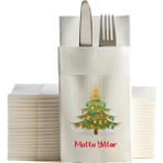 NapkinStore Kumaş Dokulu Yılbaşı Ağacı Baskılı Beyaz Cepli Peçete 6'lı