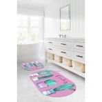 Napoli Home Dijital Baskılı Yıkanabilir Kaymaz Kaktüs Model Oval Banyo Paspası Klozet Takımı, Klozet-76-Pembe,