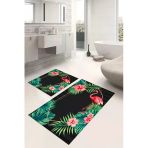 Napoli Home Dijital Baskılı Yıkanabilir Renkli Flamingo Desenli Banyo Paspası Klozet Takımı