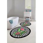 Napoli Home Dijital Yıkanabilir Kaymaz Flamingo Desenli Yuvarlak Banyo Paspası Klozet Takımı, Klozet-62-Siyah,