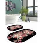 Napoli Home Dijital Yıkanabilir Renkli Çiçek Desenli Oval Banyo Paspası Klozet Takımı, Klozet-66-Siyah,