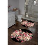 Napoli Home Dijital Yıkanabilir Renkli Çiçek Desenli Yuvarlak Banyo Paspası Klozet Takımı, KLOZET-66-SİYAH,