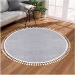 Napoli Home Kaymaz Taban Yıkanabilir Yuvarlak Saçaklı Yumuşak Gri Poffy Post Peluş Halı - 80 x 80 cm