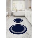 Napolihome Dijital Yıkanabilir Kaymaz Taban Sade Çerçeveli Yuvarlak Banyo Paspası Klozet Takımı,Lacivert 100 X 100