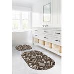 Napolihome Dijital Yıkanabilir Klasik Çiçek Desenli Oval Banyo Paspası Klozet Takımı,Kahverengi 60 X 100