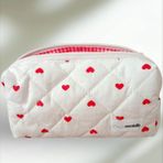 Nartella Love Heart Kalpli Kapitone Kalemlik & Kalem Kutusu – Kırmızı Astar, Geniş Hacimli 20×8×8 cm - Pembe - Beyaz
