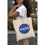 Nasa Uzay Temalı Baskılı Omuz Çantası %100 Pamuklu Tote Bag Ham Bez Çanta - Bej