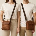 Nat Deri Hakiki Deri Postacı Çanta Unisex - 88-Taba - 20x25