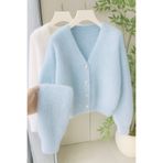 NATUFIAN STORE Kadın Bebe Mavi Peluş Görünüm Yumoş Tüylü V Yaka Basic Triko Hırka