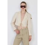 Natural Keten Görünümlü %100 Pamuk Bağlama Detaylı Crop Blazer Ceket 7070