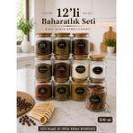 Naturelove 12'li Dekoratif Mutfak Düzenleyici Cam Baharatlık - Kaşıklı Bambu Hava Almaz Kapaklı Baharat Seti - Etiket Hediyeli 500ML