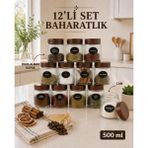 naturelove 12'li Etiketli Çizgili Cam Kavanoz Baharatlık Seti – Plastik Contalı Hava Almaz Kapaklı Baharatlık Saklama Kabı 12 x 500 ml