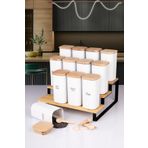 naturelove 12'Li Standlı Doğal Ahşap Vakumlu Kapaklı Porselen Görünümlü Akrilik Baharatlık 300ML Etiket Kaşıklı