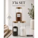 Naturelove 3'lü Ahşap Kapaklı Etiketli Çay Şeker Kahve Cam Kavanoz Saklama Kabı 1300 ml