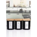 Naturelove 3'lü Ahşap Vakum Kapaklı Saklama Kabı Çay Şeker Kahve Ingilizce Akrilik Siyah Kavanoz Set 900 ml