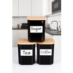 naturelove 3'lü Ahşap Vakumlu Kapaklı Kare Akrilik Tea Sugar Coffee Erzak Saklama Kabı 900 ML