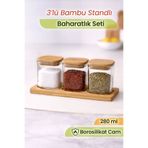 naturelove 3’lü Bambu Standlı Baharatlık Seti - Hava Almaz Kapaklı Borosilikat Kare Cam Baharat Saklama Kabı