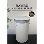 naturelove Bambu Katlanabilir Çamaşır Sepeti - Yuvarlak Banyo Kirli Sepeti Çok Amaçlı Düzenleyici 35x60cm Beyaz