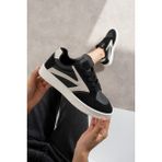 Navi Shoes Kadın Bağcıklı Spor Ayakkabı Sneaker Suni Deri Düz Taban Kısa Topuk 121NAV - Siyah Beyaz