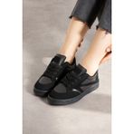 Navi Shoes Kadın Bağcıklı Spor Ayakkabı Sneaker Suni Deri Düz Taban Siyah
