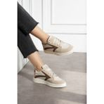 Navi Shoes Kadın Sneaker Spor Ayakkabı Bej Renk Suni Deri Düz Taban Bağcıklı Model 121NAV