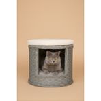 Navruz Metal El Işçiliği Premium Rattan Kedi Evi ve Puf - Pati Dostu Yıkanabilir Alüminyum Lüks Kedi Yatağı - Gri-Krem