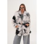 Navy Midi Boy Uzun Tüylü Kemerli Leopar Şal Yaka Kaban - L - XL - Beyaz